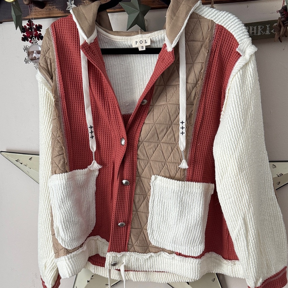 POL Quilted Jacket in Coral and Cream